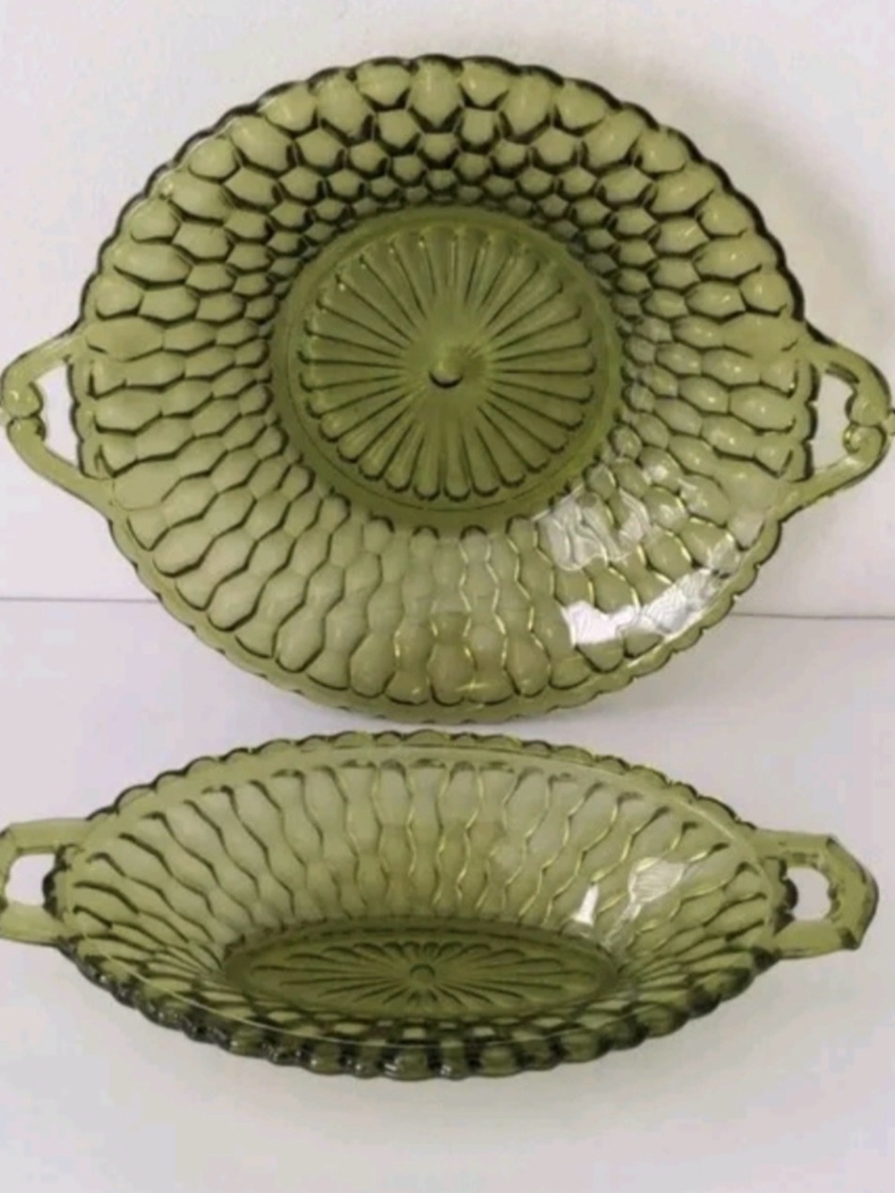 Vintage Indiana Glass Olive Green Teardrop / Honeycomb Relish Dishes Set of 2 MC